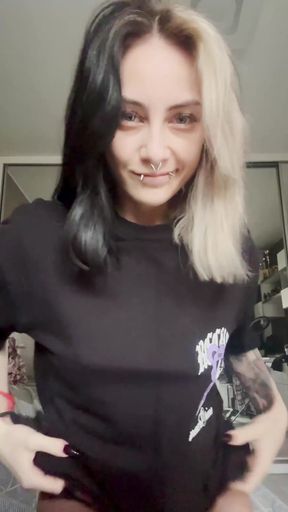 Goth teen with pierced natural tits exposed
