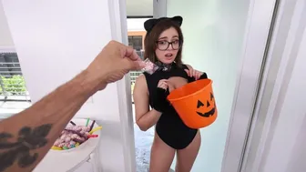 Leana Lovings blows Filthy Rich in sexy Halloween cosplay costume