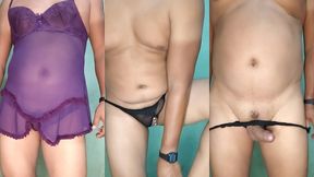 modelando tanga negra con perlas
