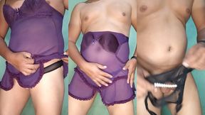 modelando tanga negra con perlas