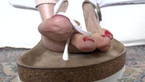 White Toe Separator Slippers and Sexy Red Toenails, Foot Fetish Lady Victoria Valente