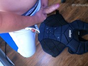 Basebal boy jerks and blows all over his chest plate