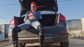 Nicotine Craving Denim Babe – Smoking & Pussy Play On Car Hood Fantasy