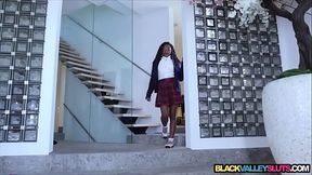 Shy ebony beauty grabs a thick white cock for a hot fuck