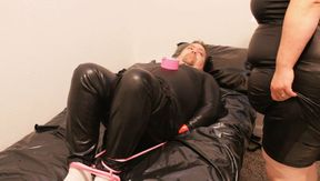 Mistress M and her hogtied slave