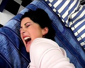 Naughty brunette plays with her pussy then stud comes to fuck her ass in bed