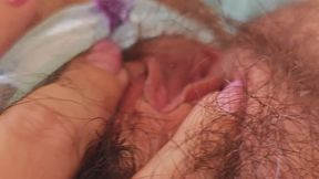 Blue sheer panty tease - Hairy pussy close up