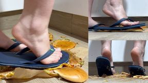 FLIP-FLOP CRUSH! Casual Video of Sexy Soles DESTROYING Chicken Burgers 1080 HD