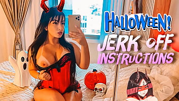 Naughty little devil cosplay big ass and big tits latina JOI jerk off instructions with her strap on asking you to cum over her feet