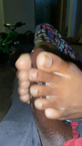 His baby mama gives me a  footjob on her couch while he’s gone!
