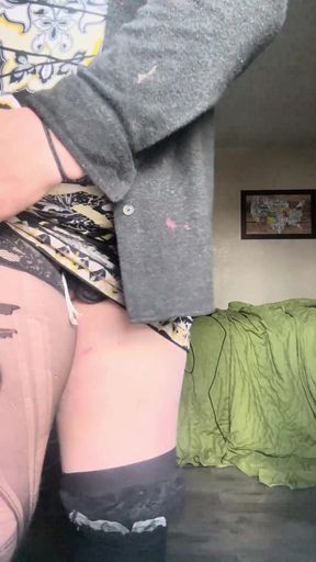 CD slut rides dildo in front of her hotel window during the day