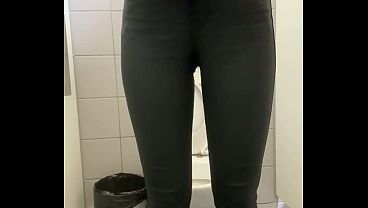 TWO VIDEOS COMPILATION: Girl in skinny jeans pees in public toilets. Daily pad in panties