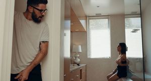 Jerking TS analed by stepson in bathroom