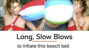 Long, slow blows and valve tease (mouth inflation of beach ball by blonde milf in red dress with red lipstick)