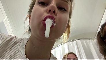 Teeth Brushing Spitting POV Triple Female Domination