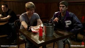 ”Big Titted TS bartender fuck two men”