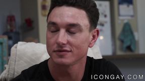 Young skinny gay tugs his big cock while anally fucked