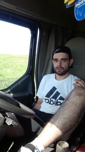Jerking off in Shorts in a Parked Truck and Smoking a Cigarette