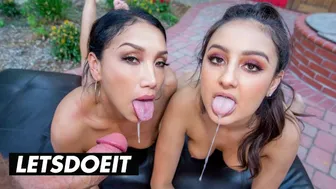 Two sexy American babes pleasure a wealthy man in a wild outdoor threesome
