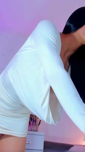 Delicious Trans in White Dress and Short Secretary