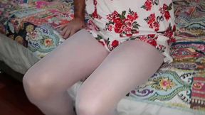 Dani Leg Wearing White Pantyhose and Sexy Highheels Cums Big