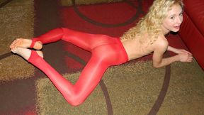 Odette Delacroix Vintage Red Glossy Footless Tights with Your Little Cumstress Jerk Off Encouragement! "Looks like I win again!" HD Video!