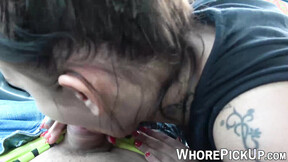 Tattooed playful prostitute sucks big throbbing cock for cash