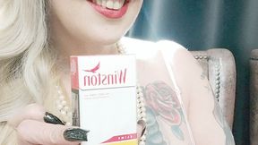 Close-up - Pearls - Lingerie - White Long Cigarette - Dangling - Long Drag - Nose exhales