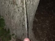 Squirting piss and cum on a tree in public