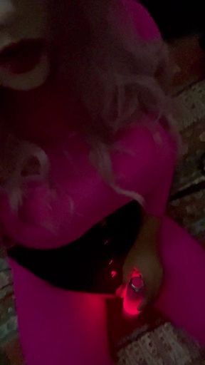 Sissy cums in pink catsuit