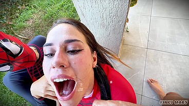 Spider-Man Cosplay Threesome – Masked Throat, Outdoor Anal, Piss in Both Mouths