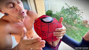 Spider-Man Cosplay Threesome – Masked Throat, Outdoor Anal, Piss in Both Mouths