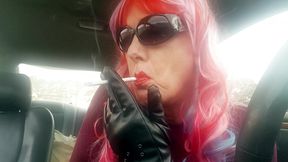 Mature TG CD Rainbow Wig Leather Gloves Smoking VS120s like a PRO in her car