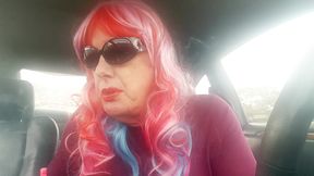 Mature TG CD Rainbow Wig Leather Gloves Smoking VS120s like a PRO in her car