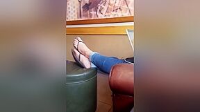 Girl Wearing Tight Jeans And Flip Flops On Her Attractive Feet With Red Nail Polish