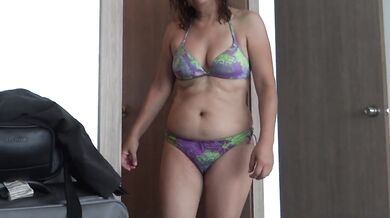 My hairy Latina wife masturbates on the beach in her bikini for the hotel owner