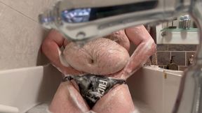 Hairy Fat Chub plays in tub wearing Jockstrap