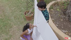 milf workout teases pervy neighbor in outdoor glory hole