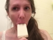 Hairy MILF Lily Lark gets messy with a creamy white coconut popsicle