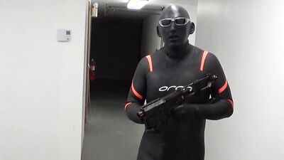 cumming inside orca wetsuit at door