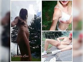 Sexy MILF Walking Naked Outdoor and Fingering Pussy up to Orgasm - Split Screen Abella Love