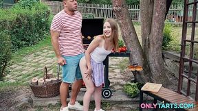 Petite Blonde step-daughter Maya Sinn outdoor threesome fuck