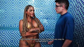 Curvy, black stepmom has sex with him in the sauna and makes him cum in her mouth