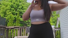 Watch me smoke in this low-cut top outdoors