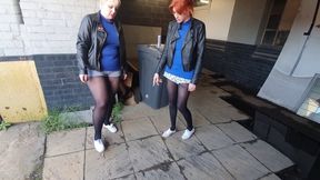 1322 Amber and Roxie in Leather Jacket Smoke Break
