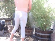 It got HOT outside watering plants. Getting naked and playing with my dick in the front yard.