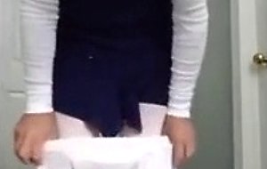 Diapered sissy in teddybear shortalls wetting diaper