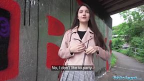 Shy college babe gets fucked in public and gives a blowjob