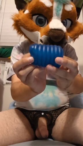HairyHusky playing with his favorite blue sex toy in bed