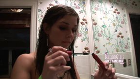 Brunette girl pees at a party